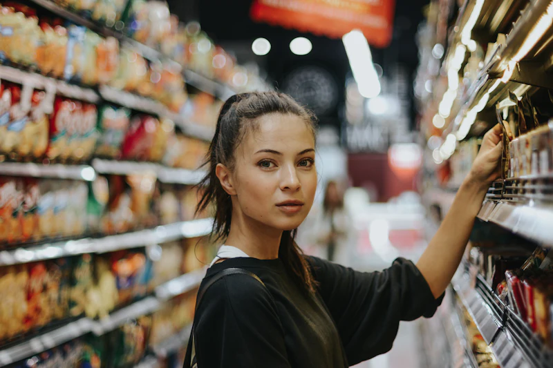 Shop assistant restocking shelves in a supermarket