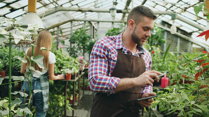 Grower checking data on a tablet in a greenhouse