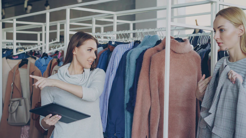 Shop assistant with a tablet helping a customer among clothing racks